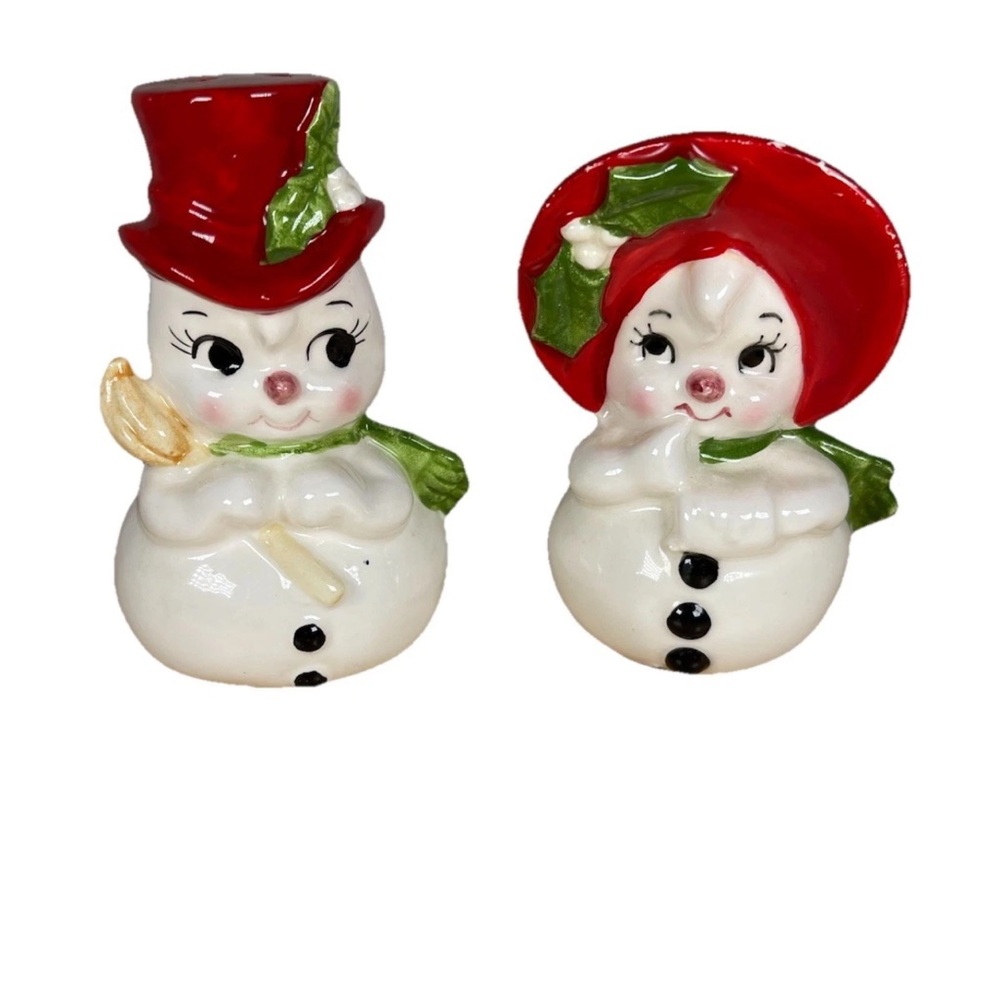 Lefton Vintage RARE/HTF snowman and woman salt & pepper shaker pair MCM ceramic